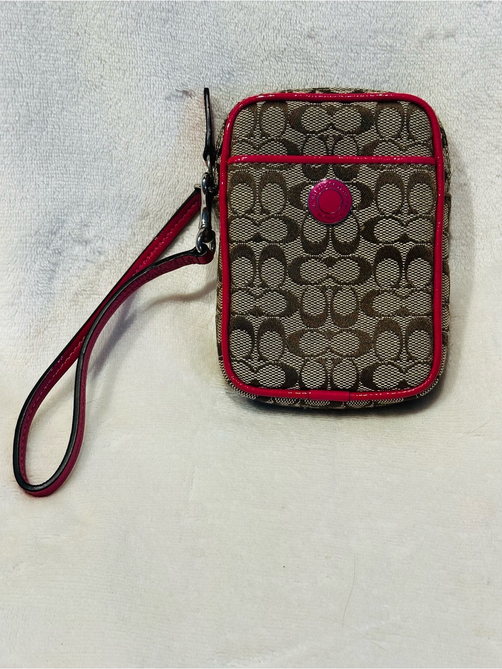 Coach Pink Logo Canvas Pouch Bag with Detachable Strap Clutch Authentic Neutral
